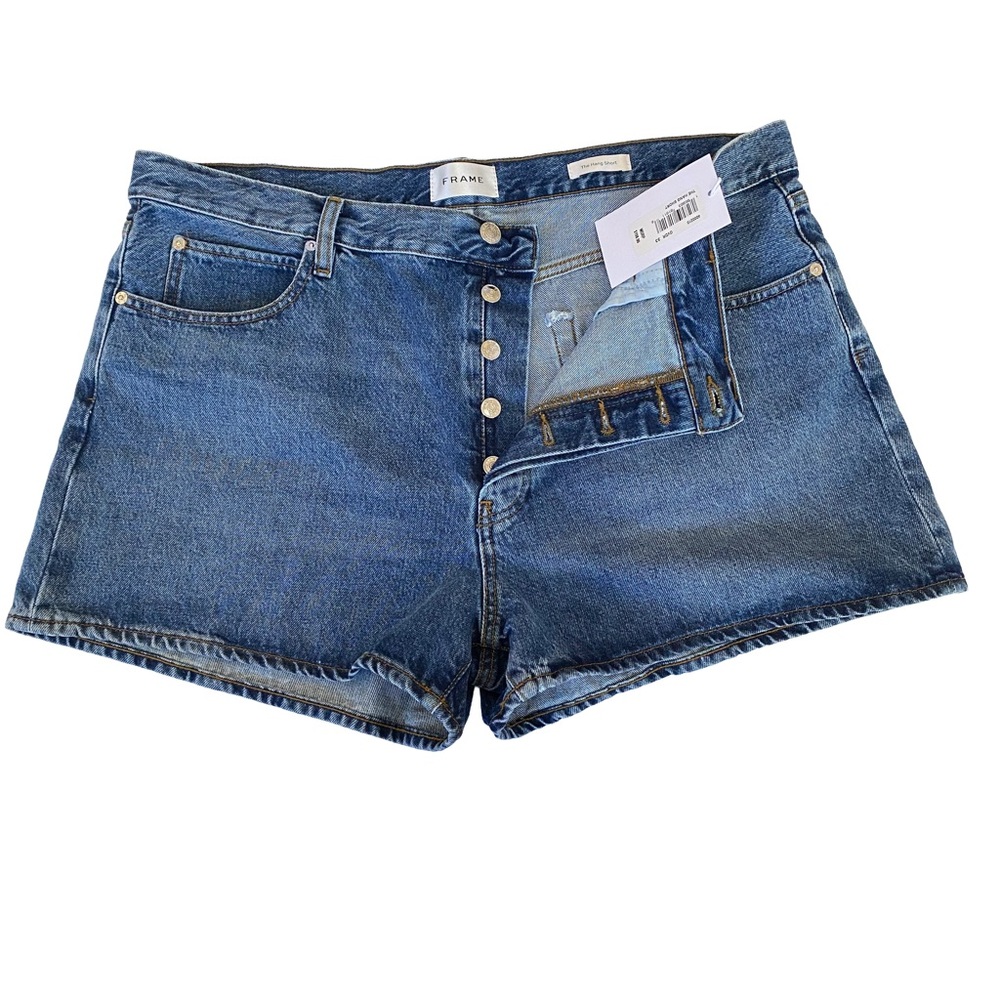 NWT 💙 FRAME “The Hang Shorts” Denim in “Overdrive”, Button-Fly Distresed Vintage